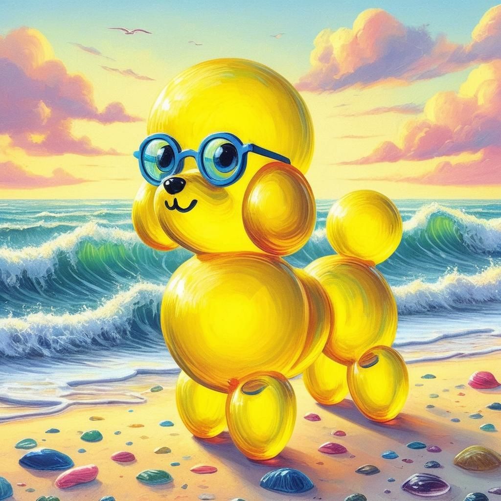 A baby toy poodle walking on a beach, the ocean is red and white, masterpiece, retrofuturism acrylic art 3D shading Unre...