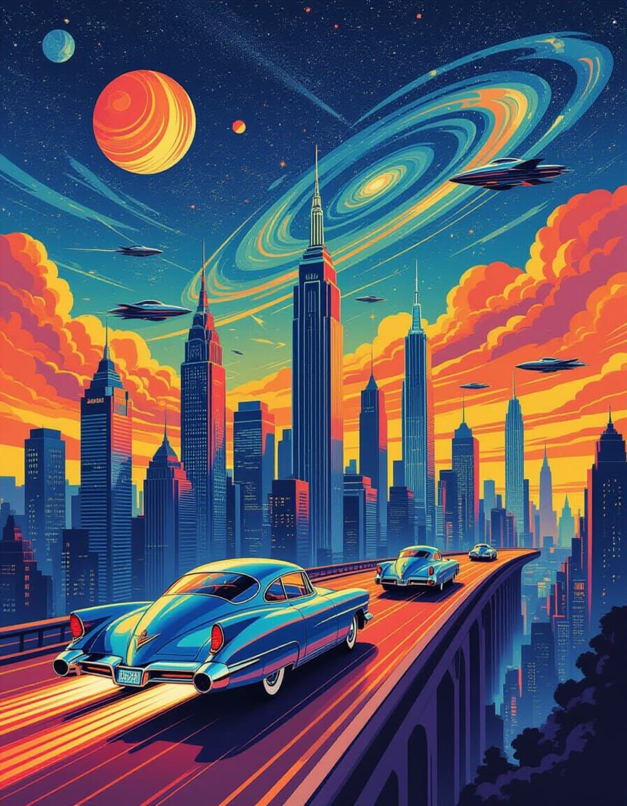 Retro-Futuristic City Poster with Flying Cars