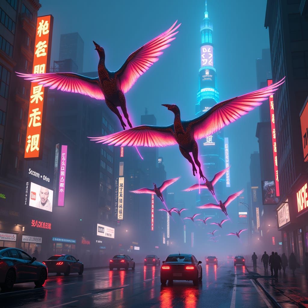 Neon Pterodactyls Soar Over Cyberpunk Metropolis