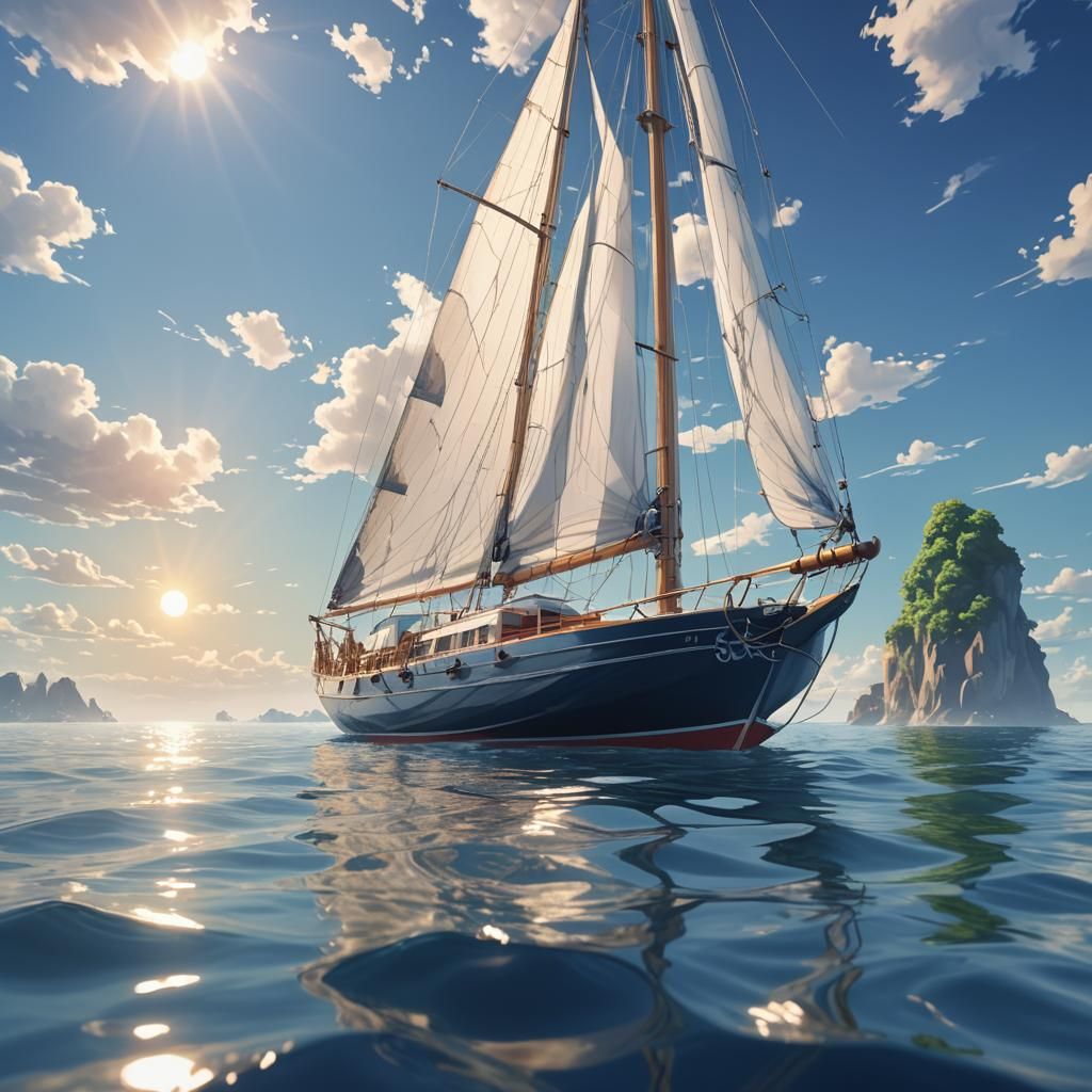 Anime Sailboat on Calm Sea with Sunlight