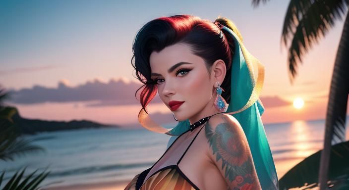 Excited Rockabilly Woman on Island Oasis