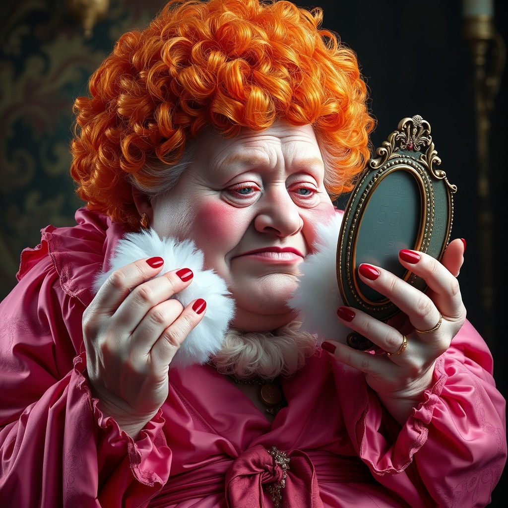 Ornate Elderly Woman with Pink Robes and Ginger Wig