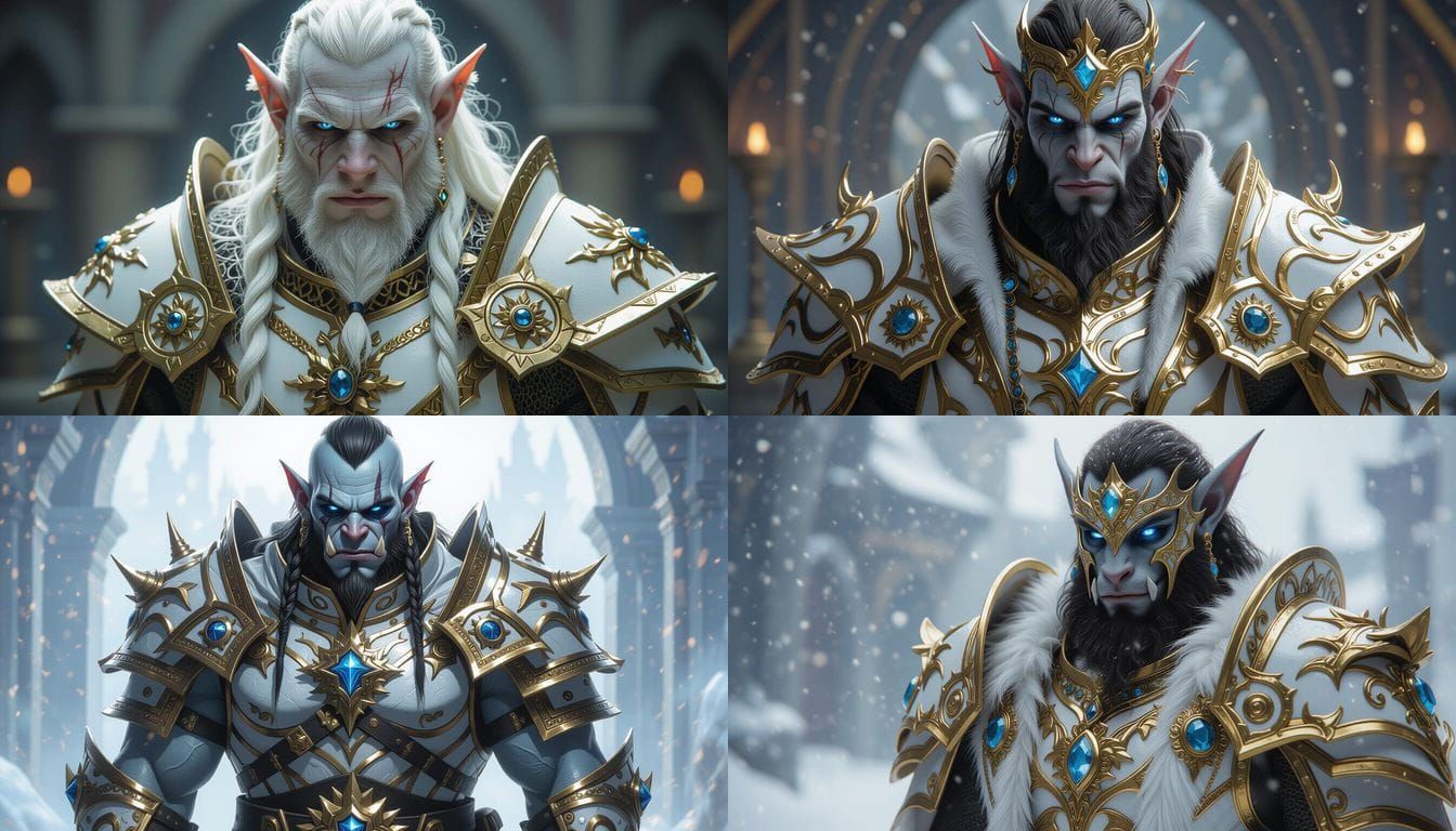 Albino Orc Warlock in Ornate White and Gold Armor