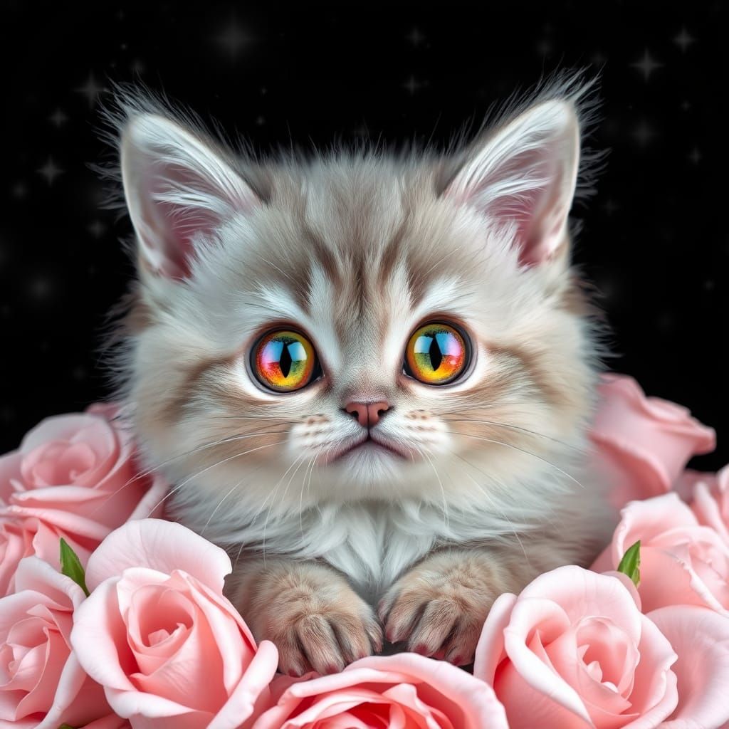 Enchanting Kitten in Rose Wreath, Digital Art