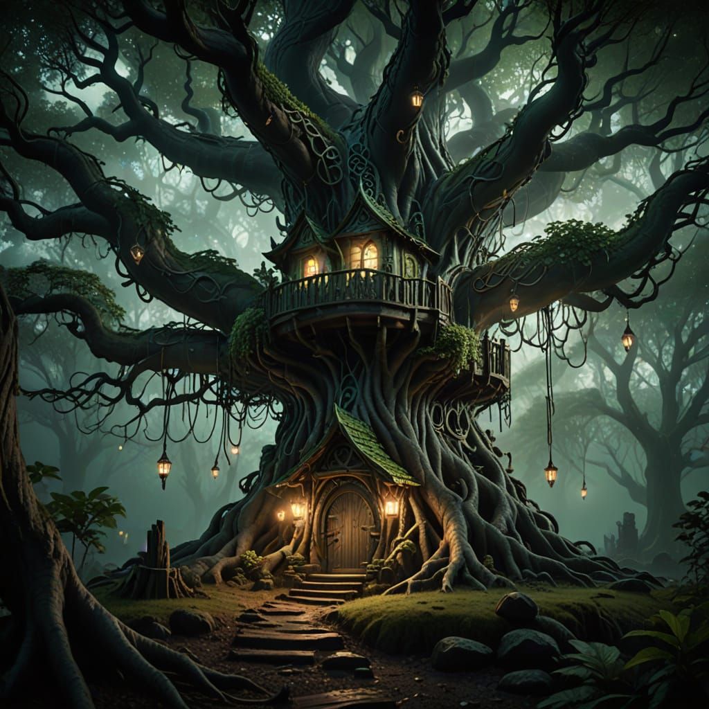 Dark Elf Treehouse Amidst Ancient Forest Canopy