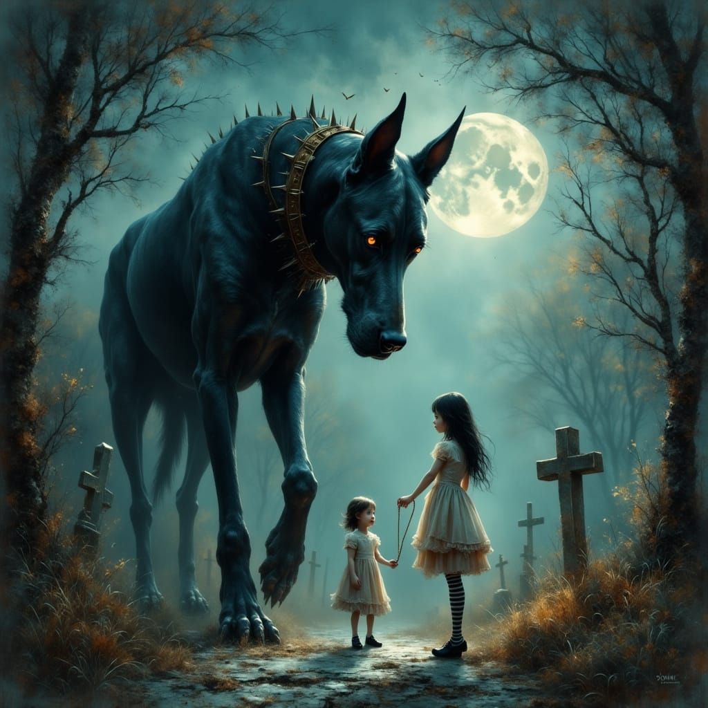 Gothic Girl with Great Dane in Burtonesque Twilight