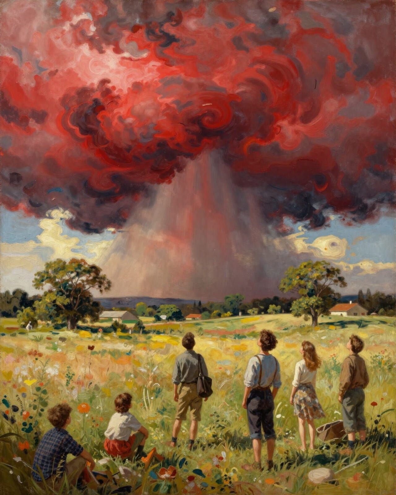 Crimson Storm Over Countryside in Illustrative Style