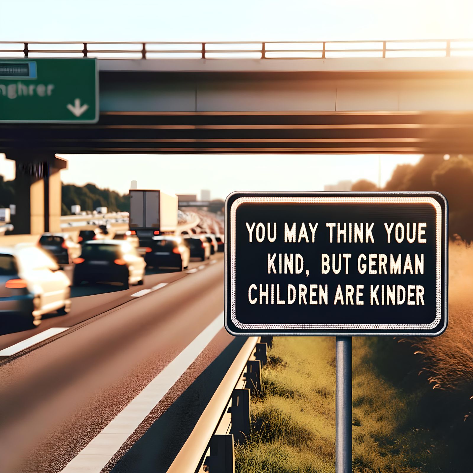 Humorous Road Sign on Interstate Highway in Afternoon Sun