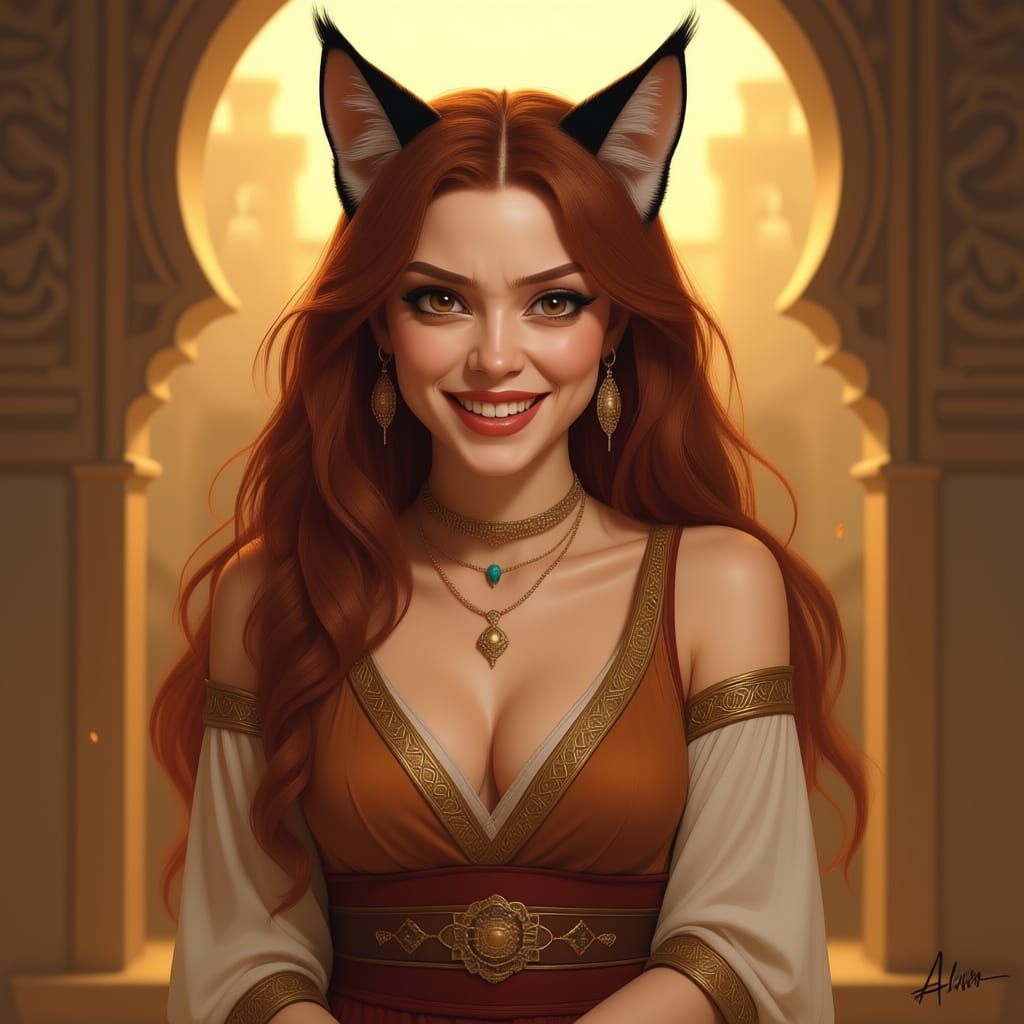 Realistic Digital Painting of a Playful Feline Woman