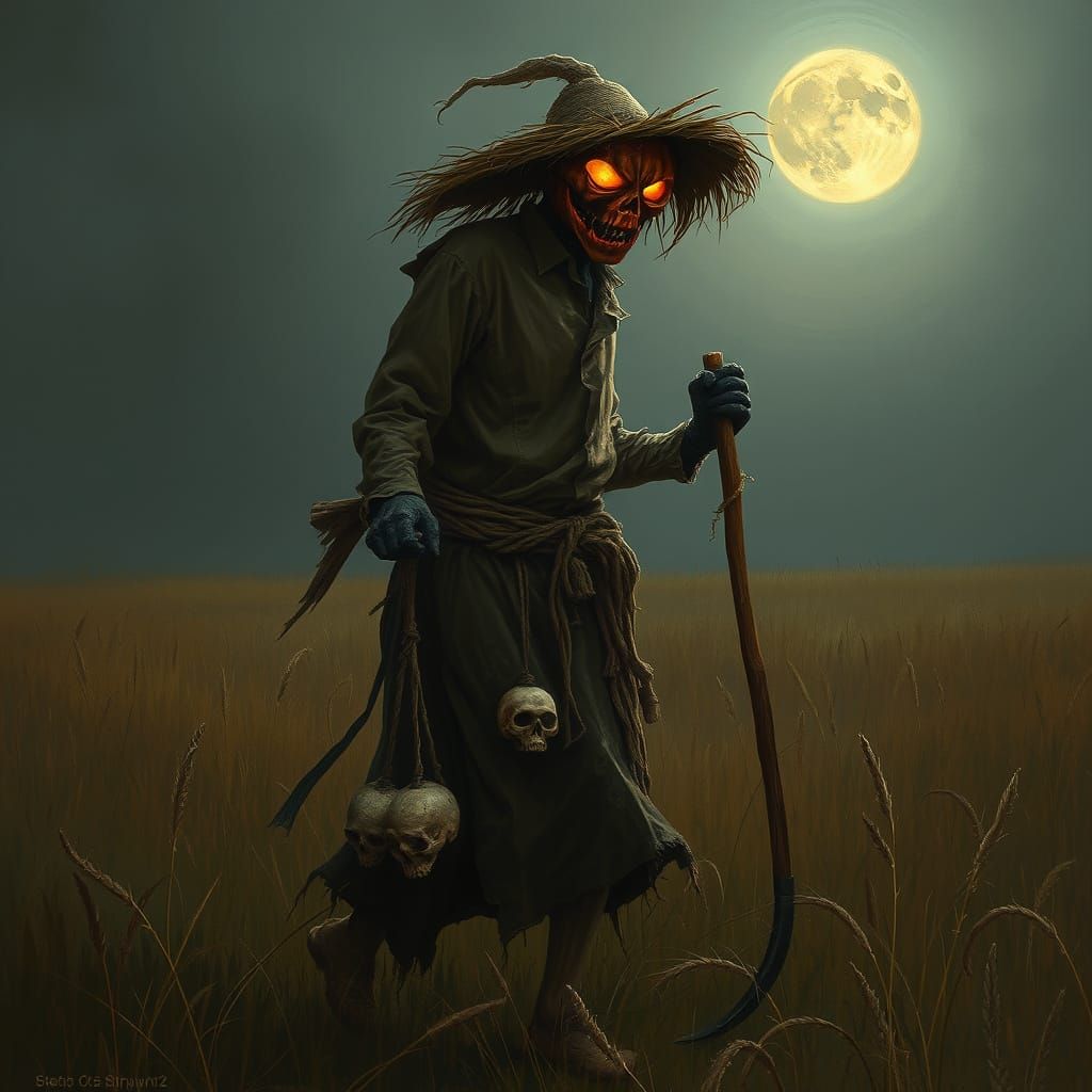 Sinister Jack-o-Lantern Figure with Sickle in Moonlight