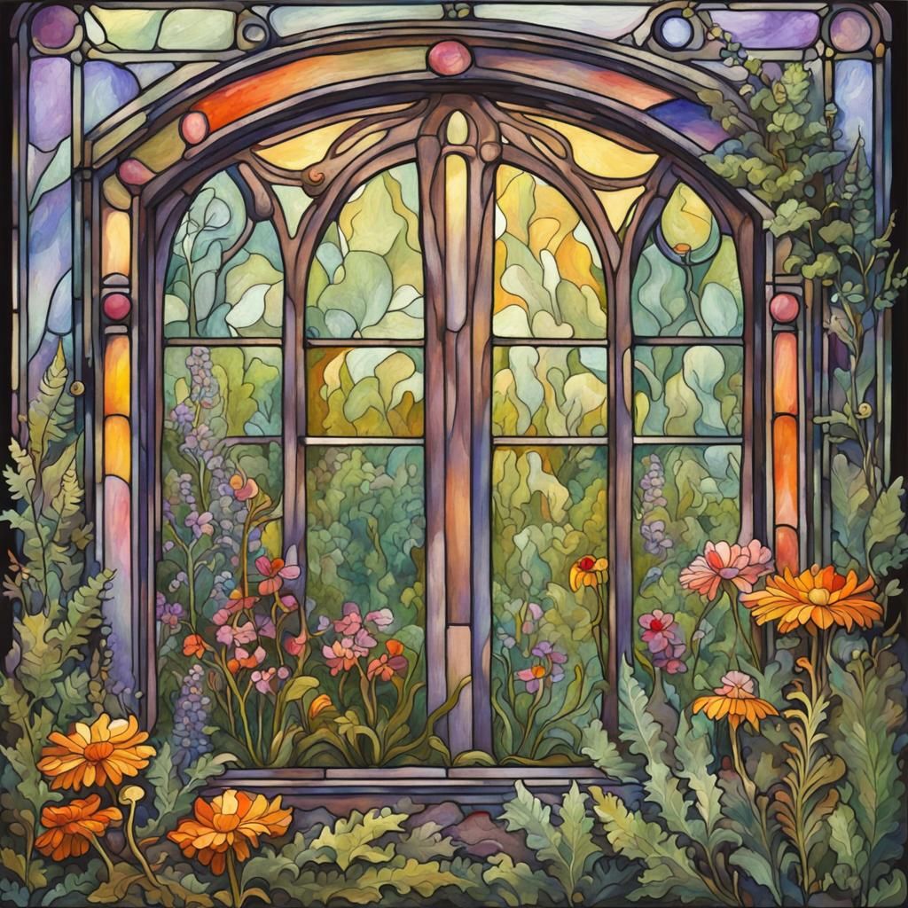 Art Nouveau Witch Cottage with Wildflowers in Gouache Style