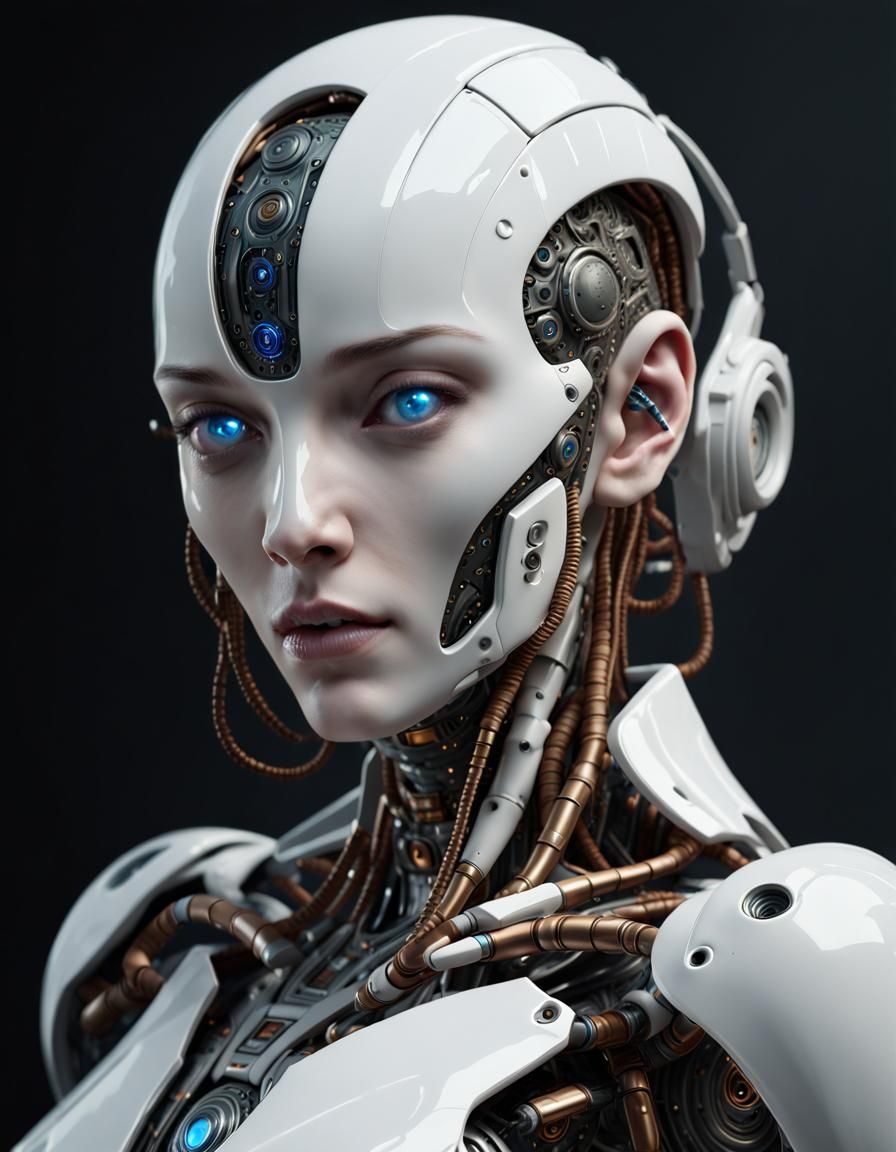 Futuristic Porcelain Cyborg Robot on Dark Background