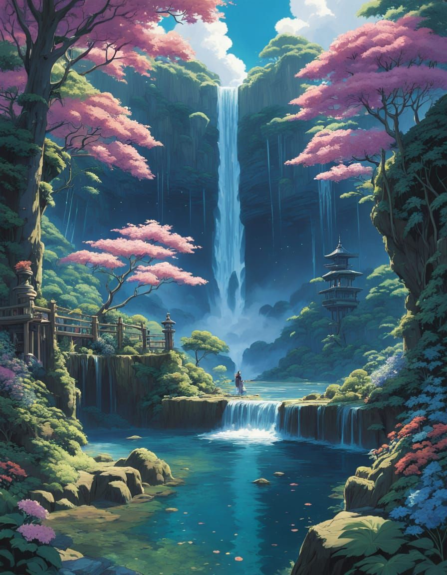Whimsical Waterfall in a Dreamlike Fantasy Garden, Inspired ...