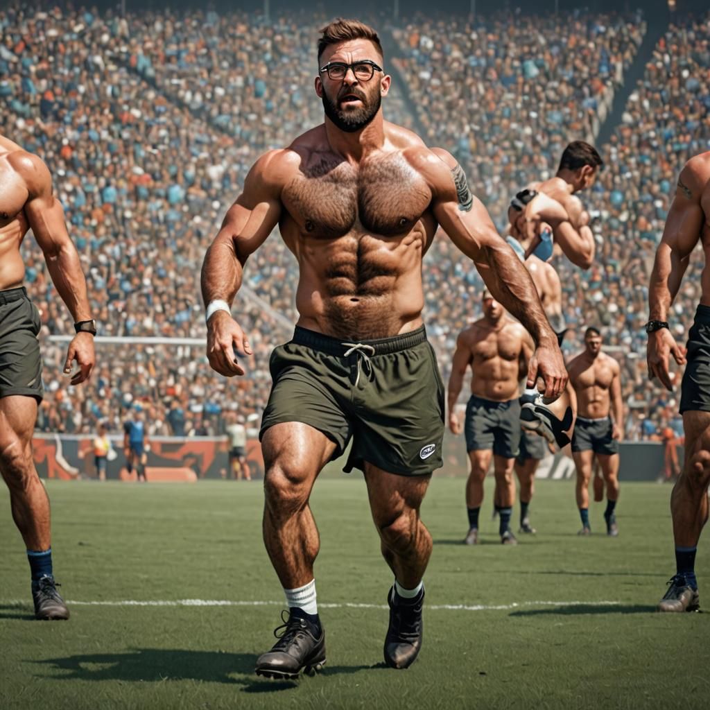 Muscular Football Player on Field, Detailed Digital Art