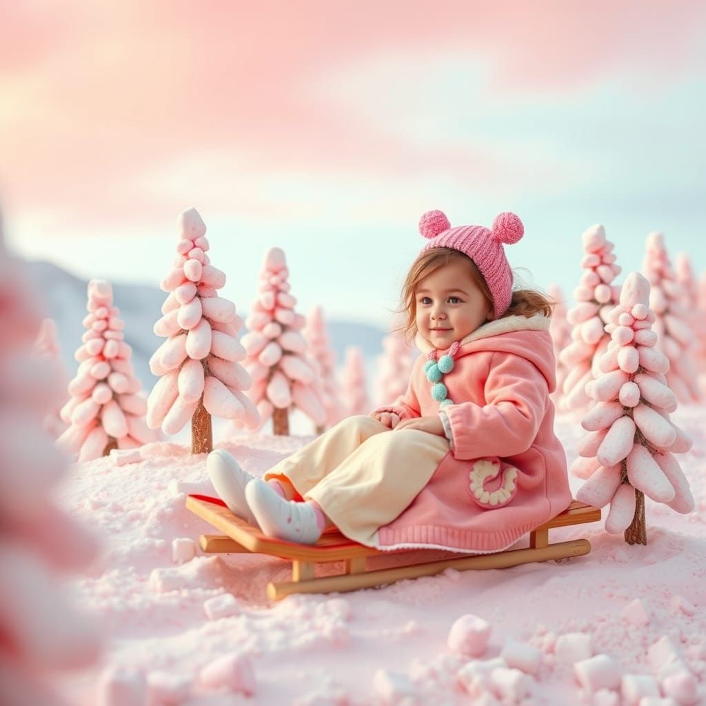 Girl Slides on Marshmallow Mountain, Surreal Art