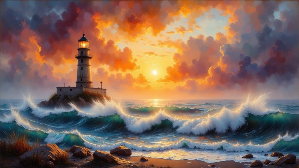 Lighthouse at Sunset in Impressionistic Style