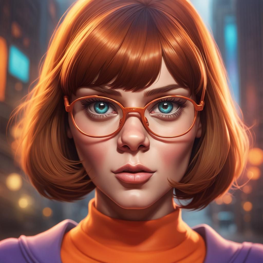 detailed Velma, pretty face, piercing eyes,  Scooby Doo,   head and shoulders portrait, 8k resolution concept art portra...