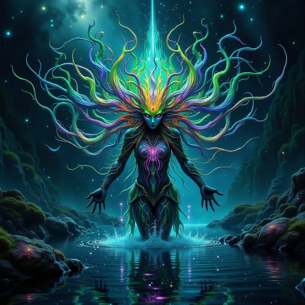 Surreal Oceanic Goddess in Dark Glitch Aesthetic