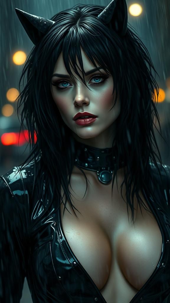 Catwoman in Rainstorm, Film Noir Style