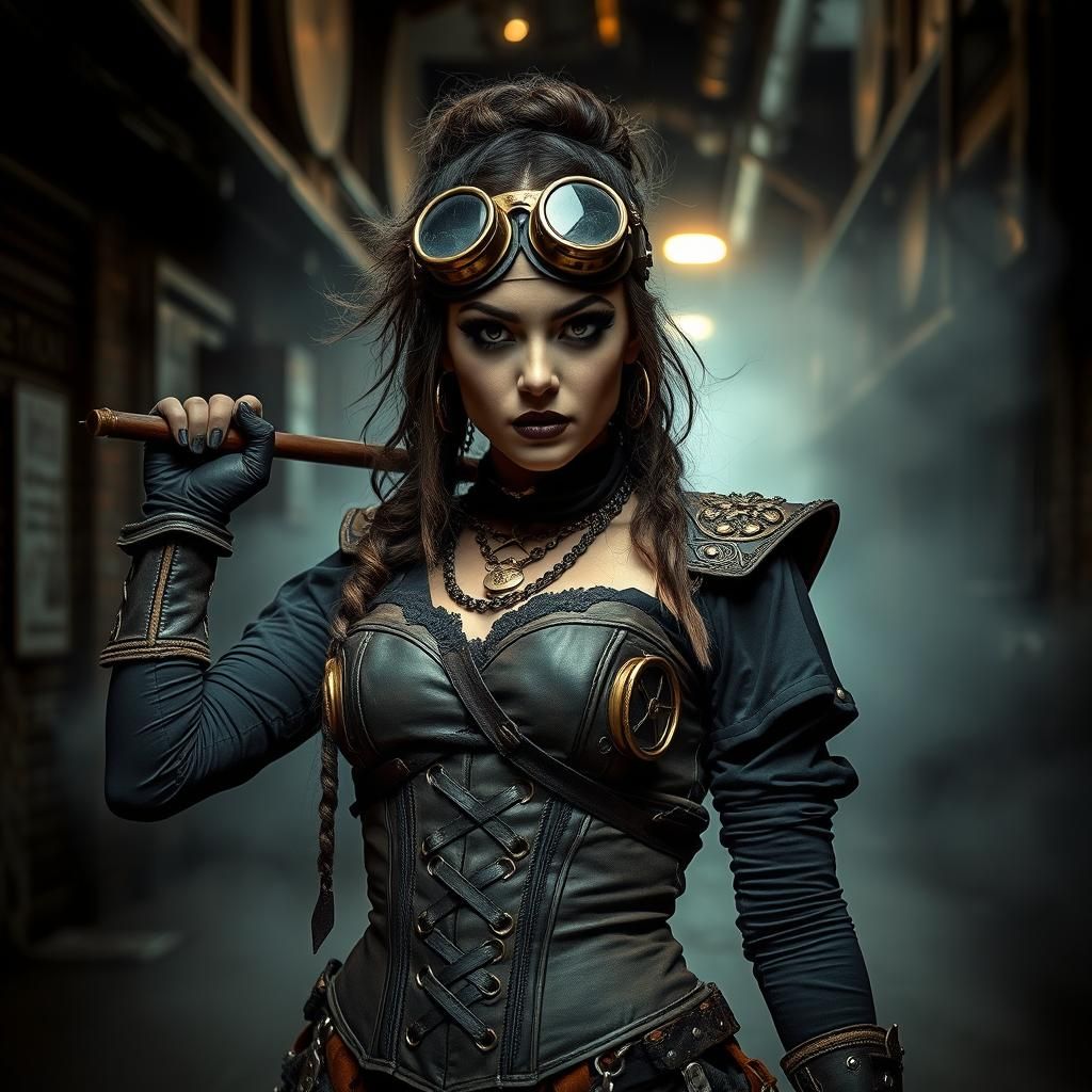 Steampunk Goth Warrior in Victorian Alleyway