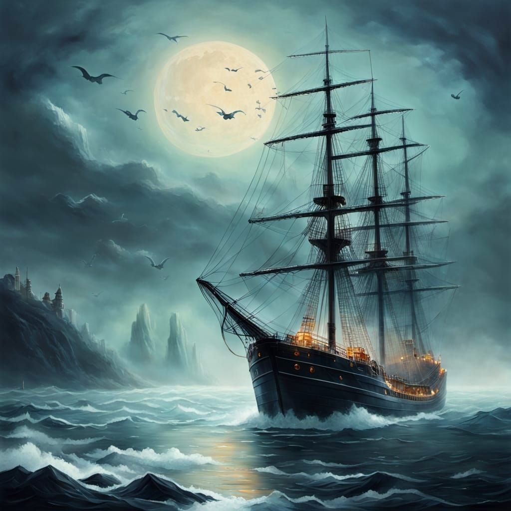 Ethereal Ghost Ship Sailing Through Misty Seas