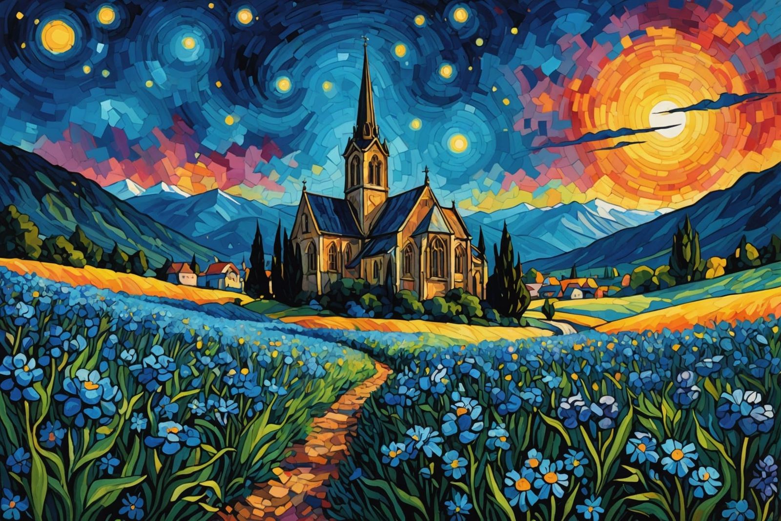 Blue Flowers, Gothic Church, Starry Night, in Watercolor