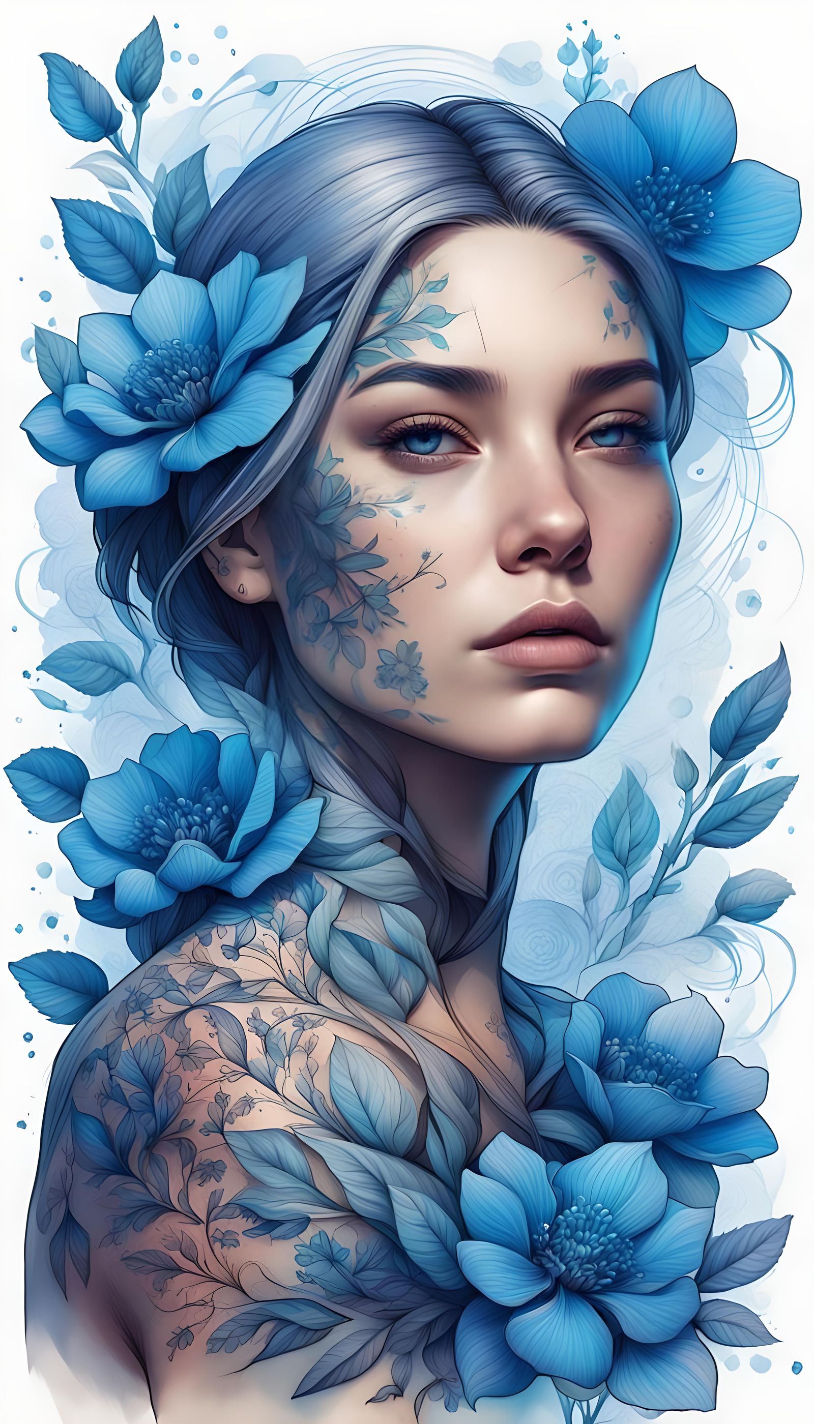 Blue Flower Tattoo Portrait in Hyperdetailed Style