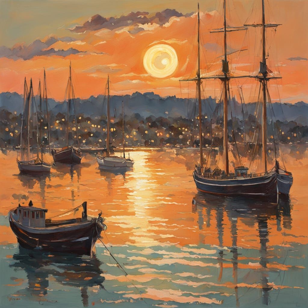 Bronze Moon Over Tranquil Bay: Impressionist Painting