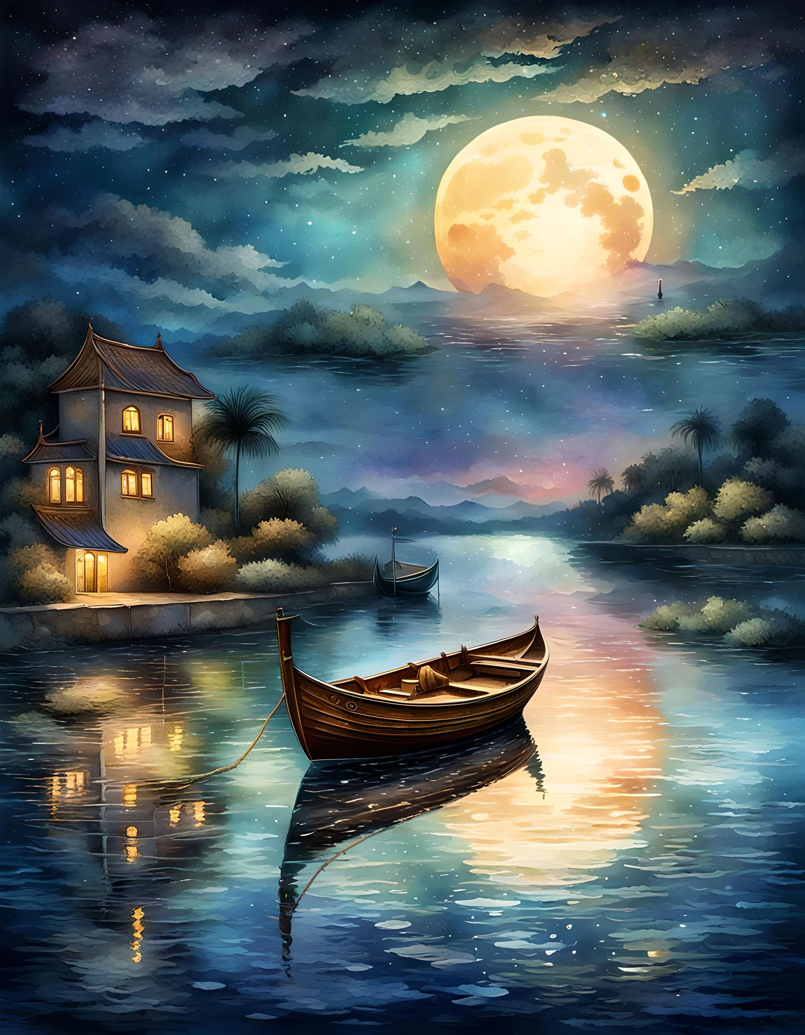 Moonlit Boat: Digital Watercolor Summerscape at Night