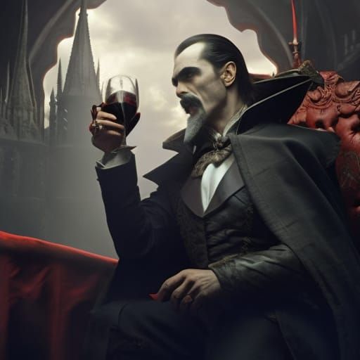 Dracula's Dramatic Drink: Hyperrealistic CGI Concept Art