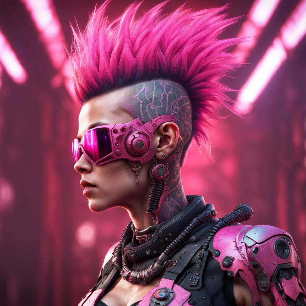Punk Rock Cyborg with Pink Mohawk
