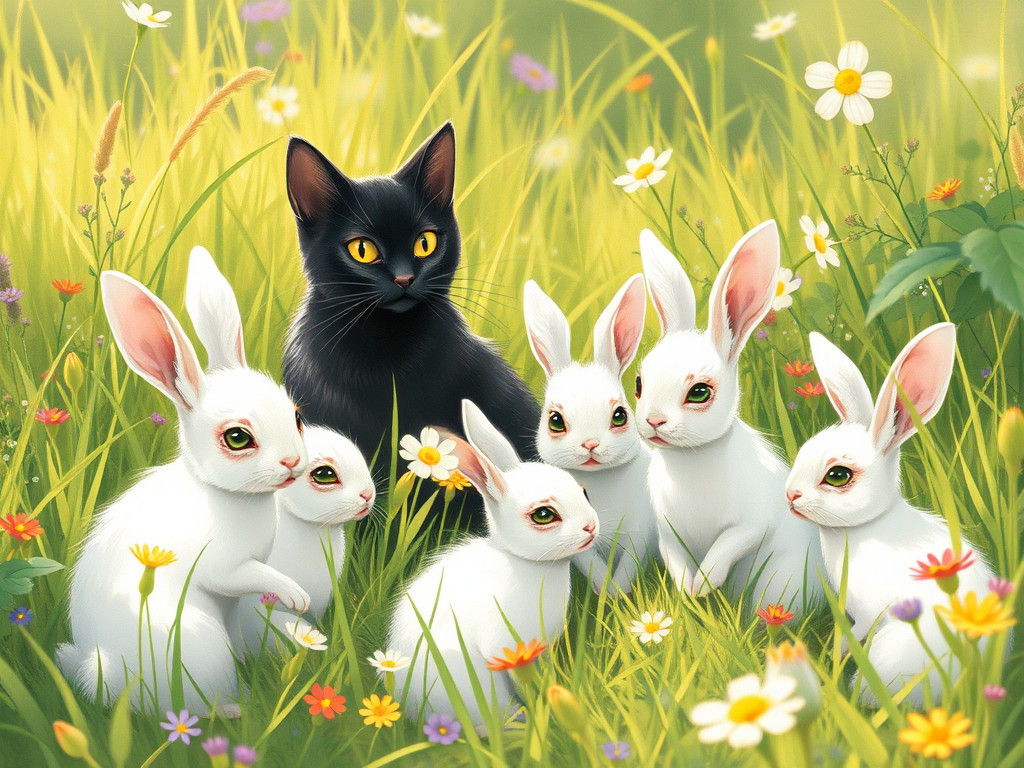 Rabbits and Kitten in Sunny Meadow, Beatrix Potter Style