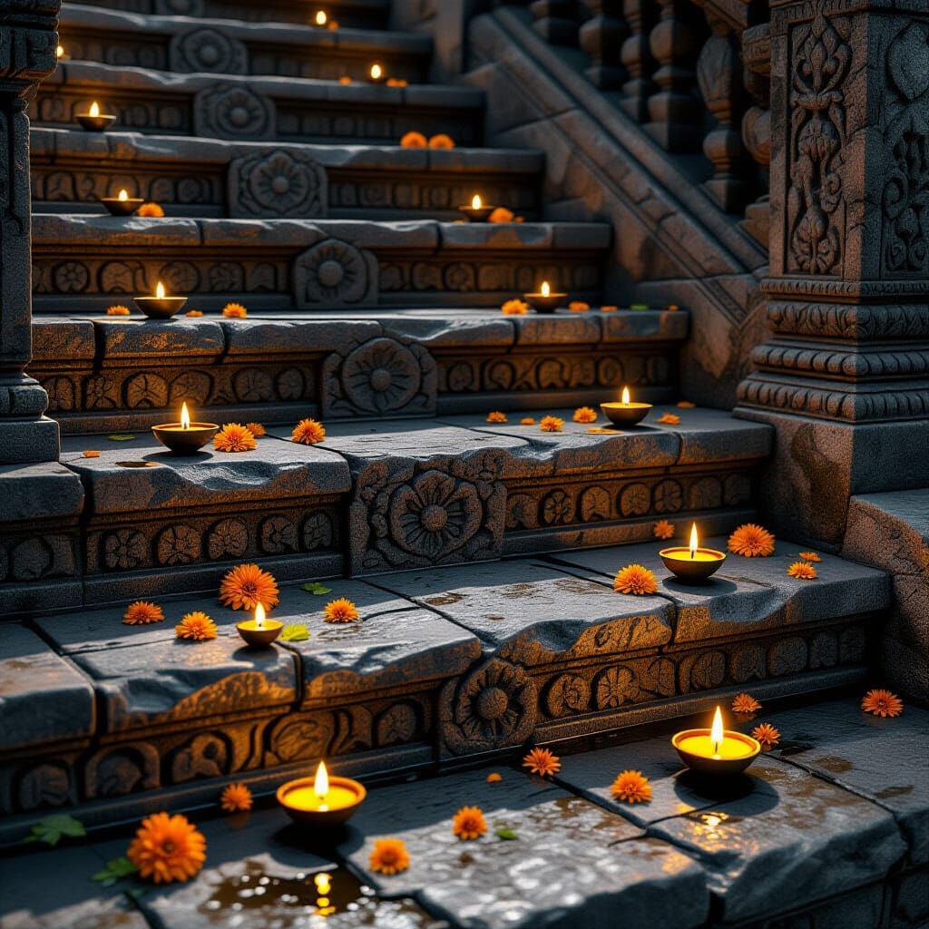 Photorealistic Carvings on Ancient Stone Steps