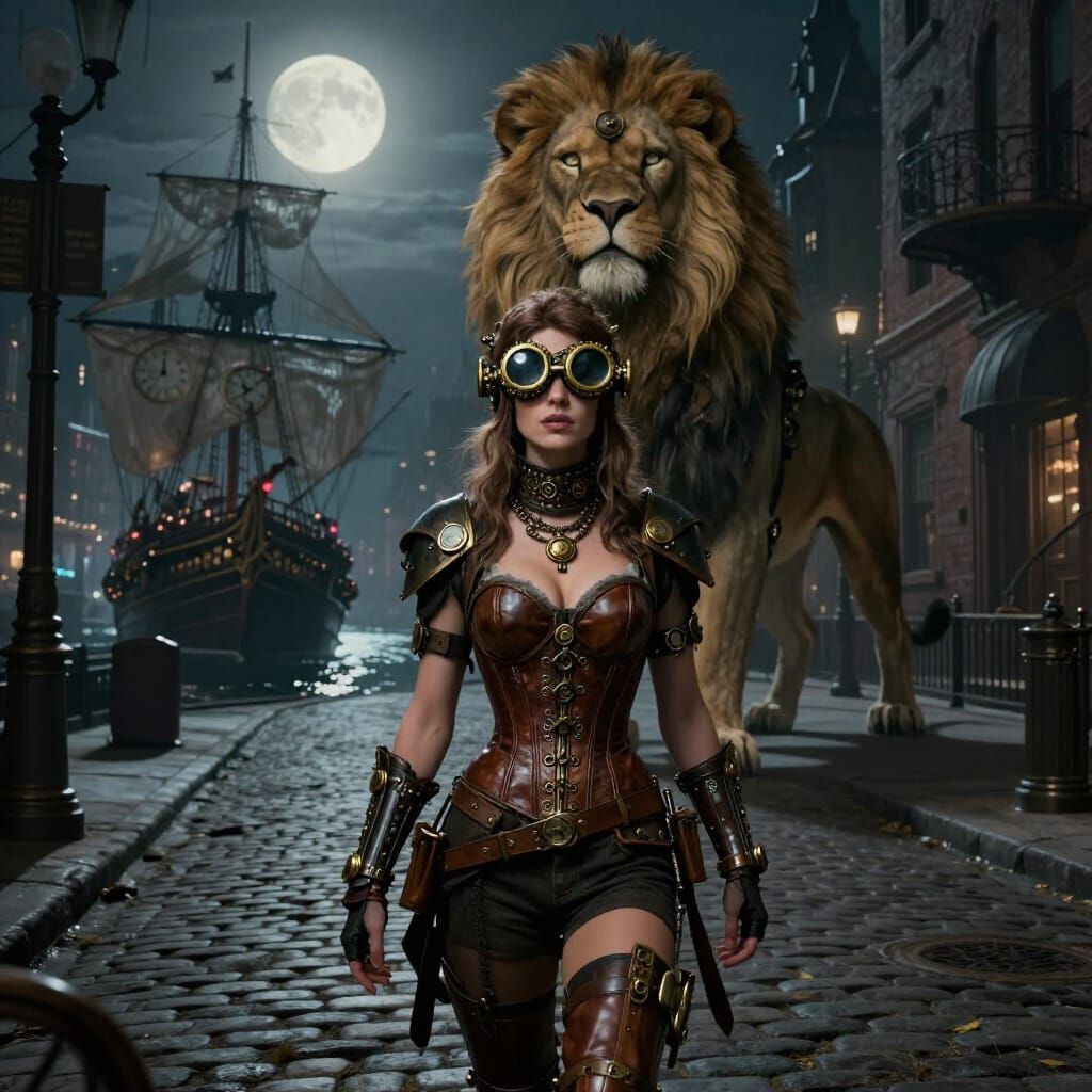 Steampunk Woman and Clockwork Lion in Moonlit New York