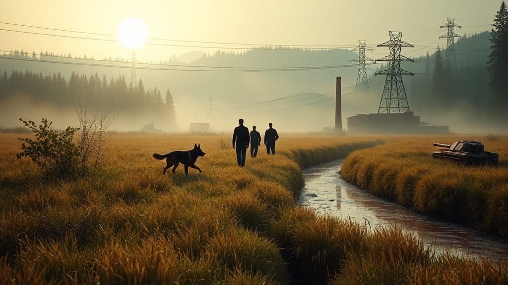 Desolate Landscape with Figures in Hyperrealistic Style