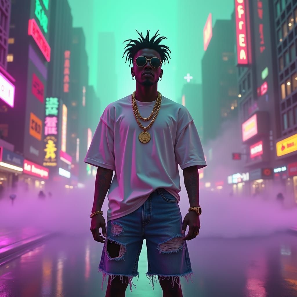 90s Rapper in Afrofuturist Vaporwave Metropolis