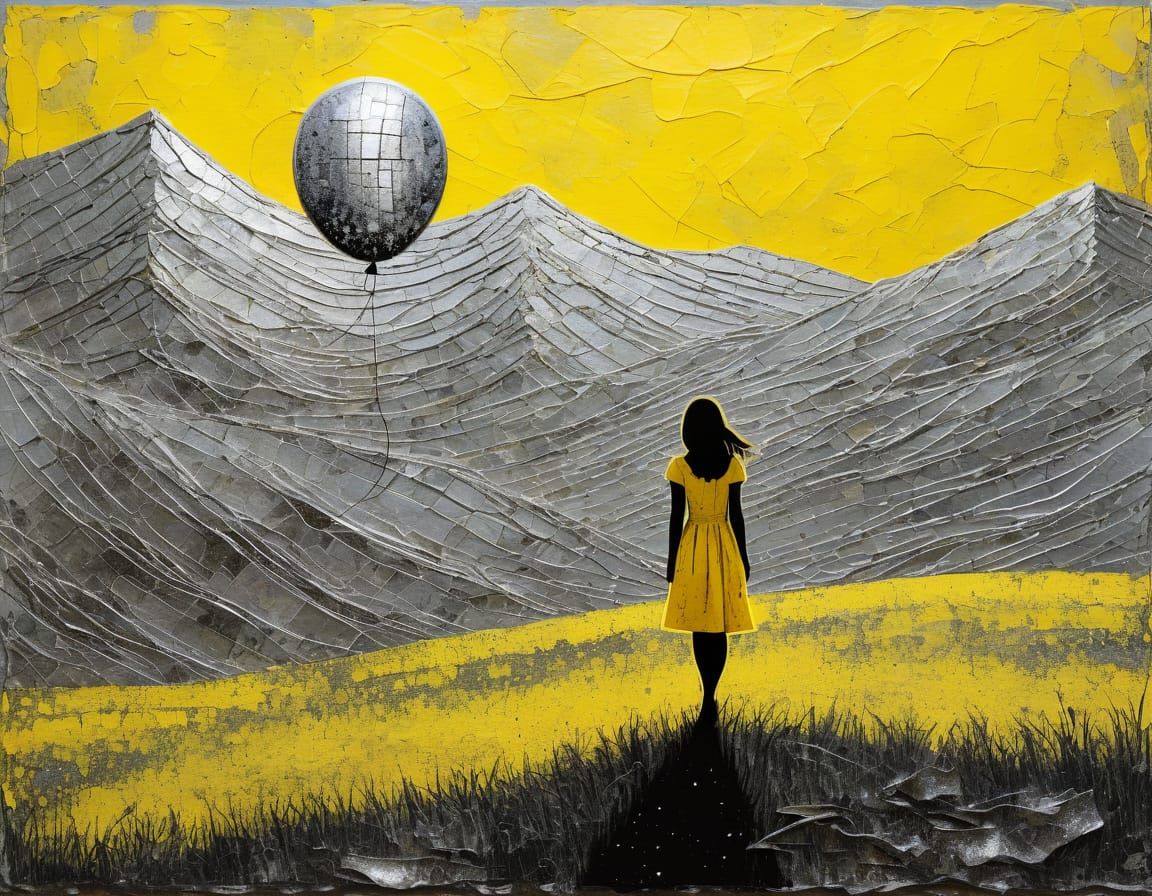 Vibrant Girl on Hill in Minimalist Mixed Media