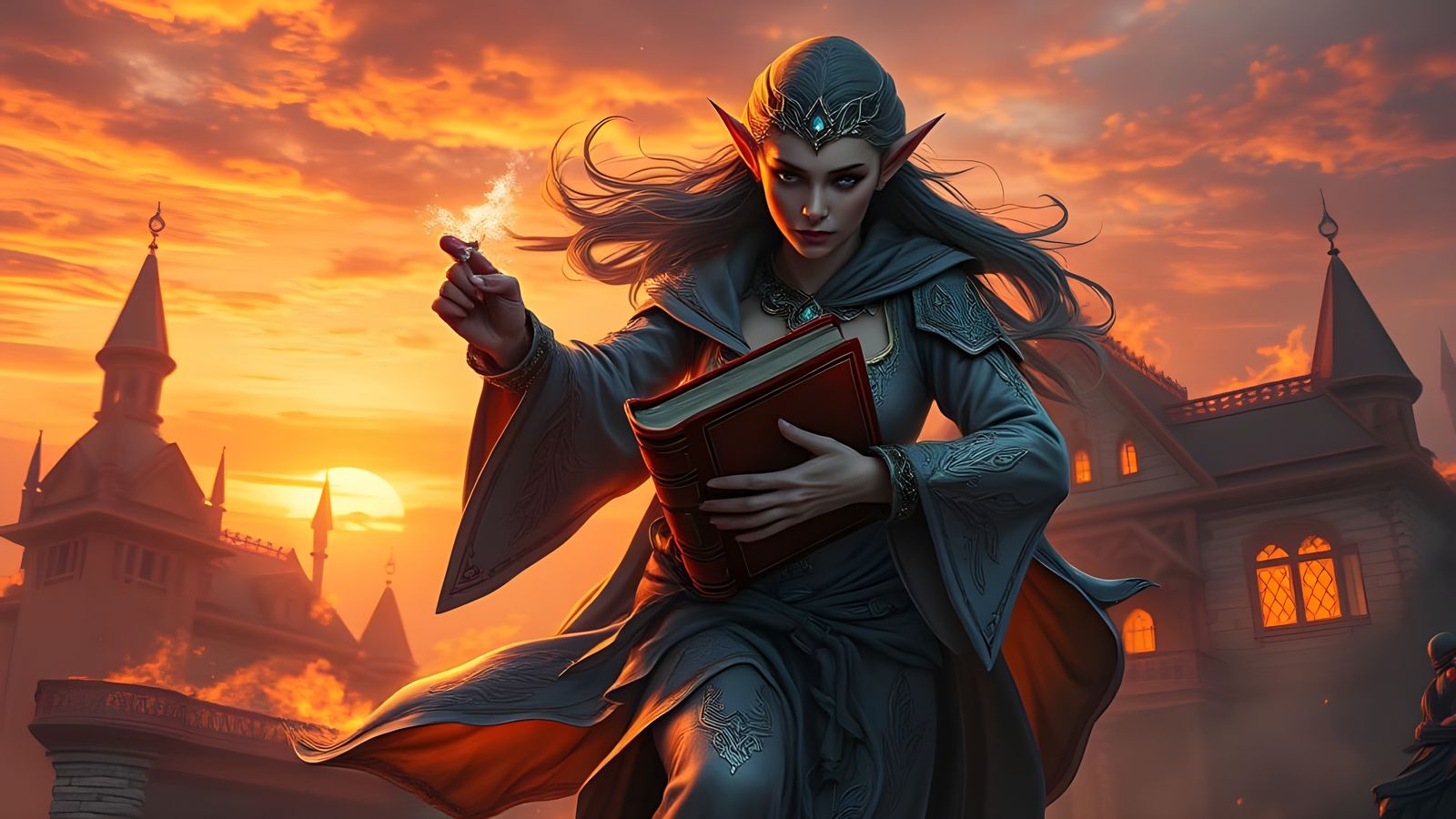 Surreal Elf Maiden Fleds from Burning Mansion at Dusk