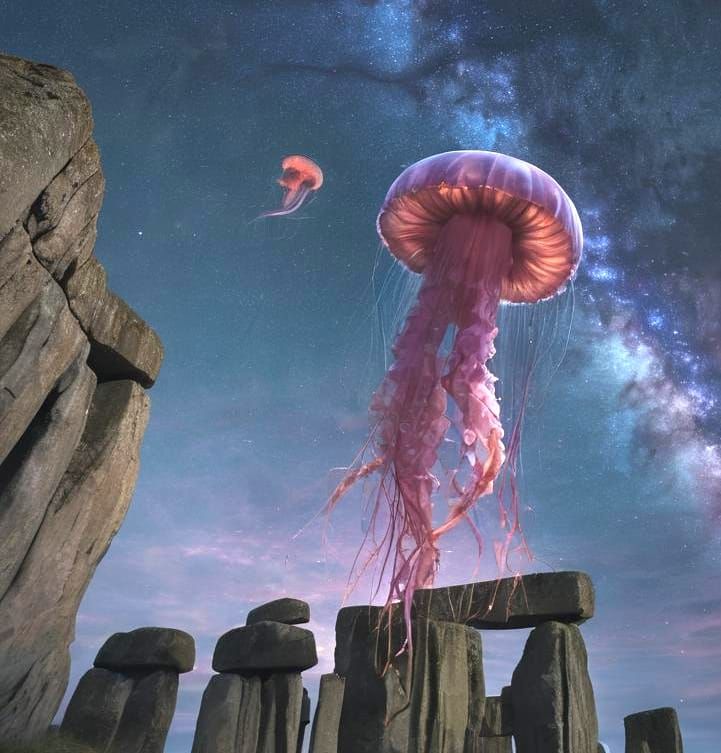 Jellyfish Suspended Above Ancient Monoliths in Cosmic Starry...