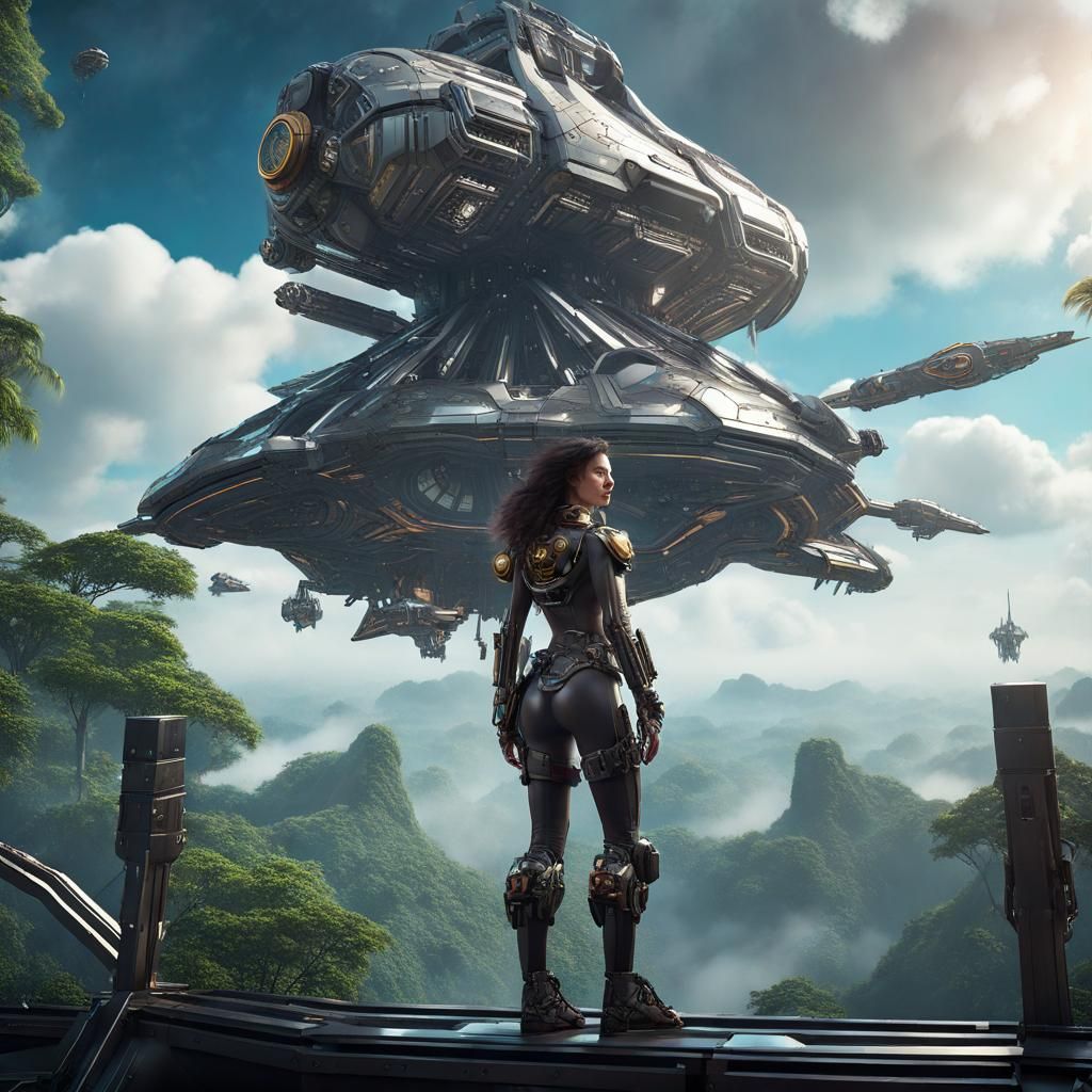 Space Pirate and Starship in Sci-Fi Landscape