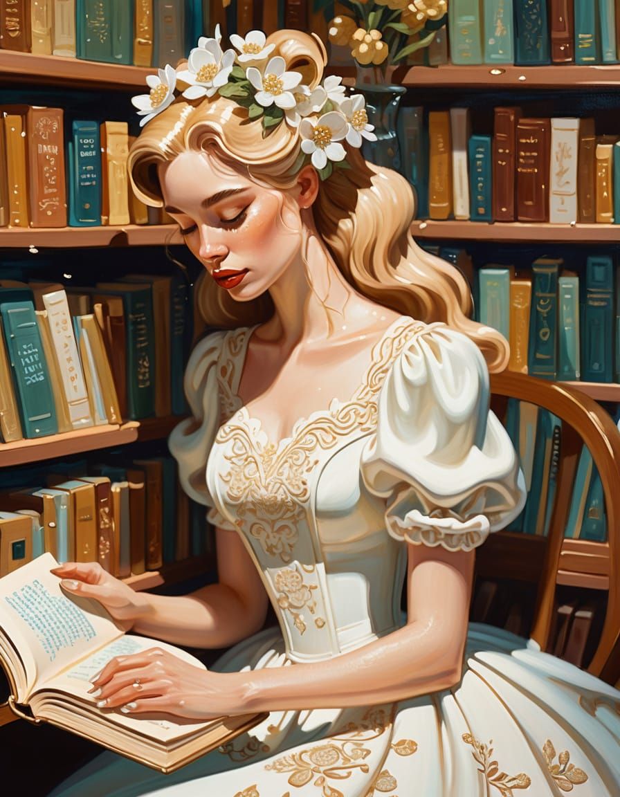 Cozy Library Scene in Oil Gouache Style