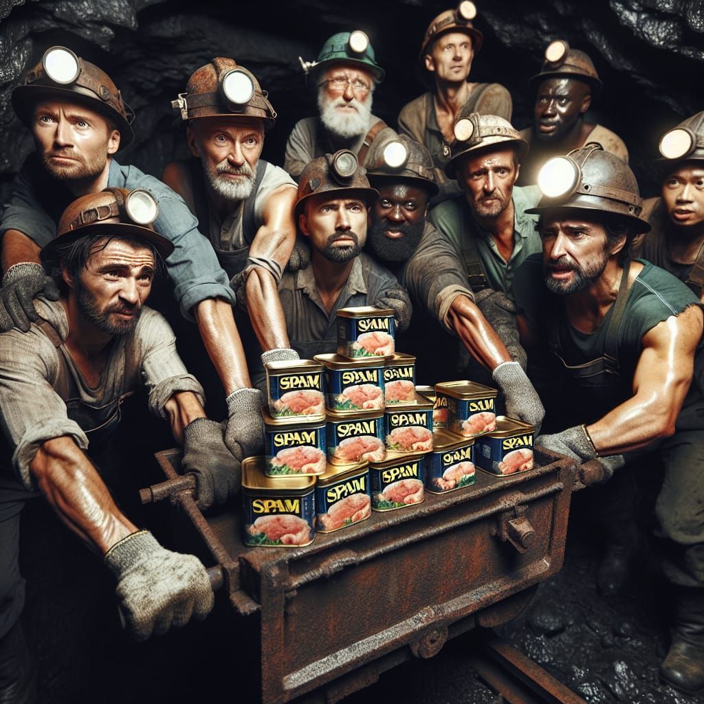 Miners Push Spam-Filled Cart in Mineshaft