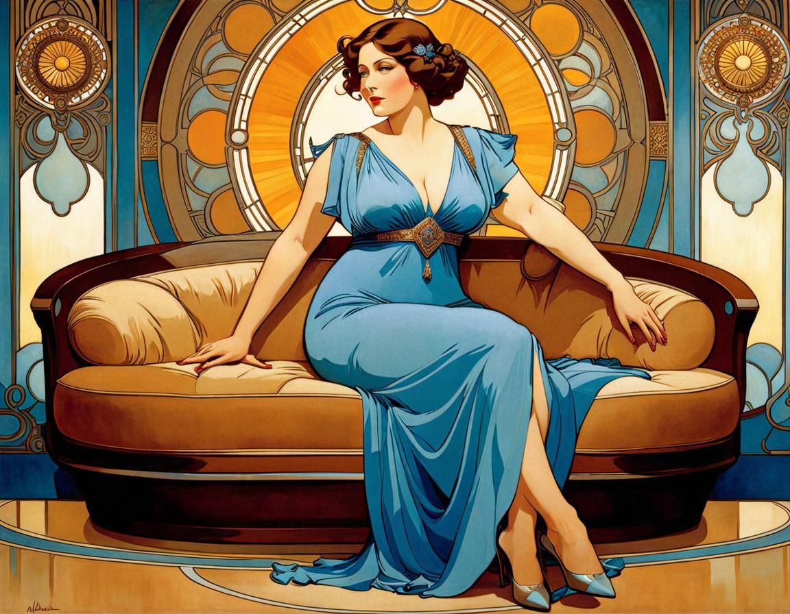A (((full figured brown haired woman))) in ((modern lounge)) wearing a ((blue dress)) Alphonse Mucha art deco