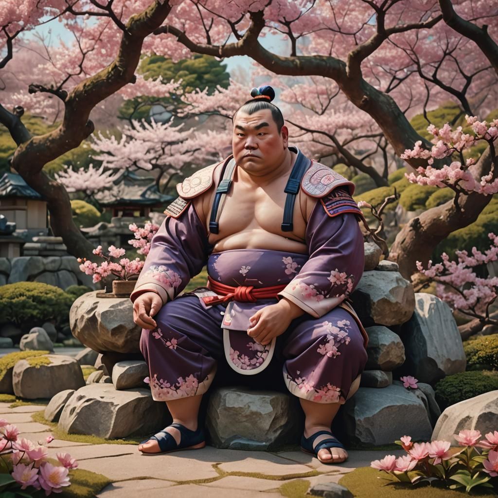 Chinese Sumo Wrestler in Japanese Garden, Digital Matte Pain...