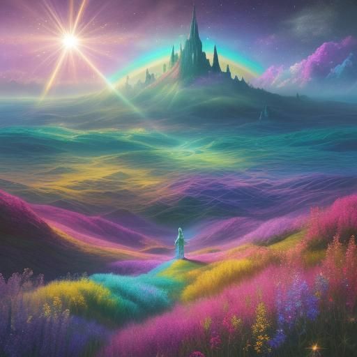 Ethereal Fantasy Scene with Rainbow Colors and Mist