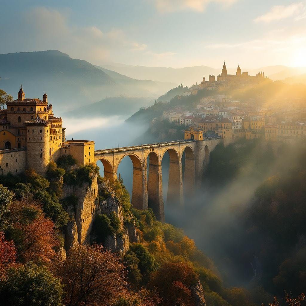 Ronda Bridge in Fog at Golden Hour