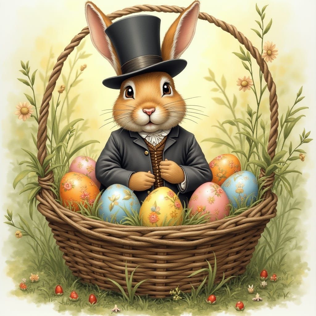 Easter Bunny in a Whimsical Wicker Basket