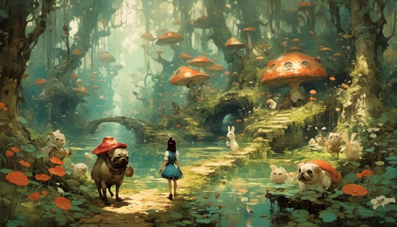 Pug in Wonderland Forest Illustration