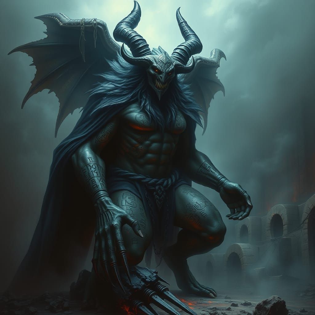 Brooding Deity in Dark Fantasy Landscape