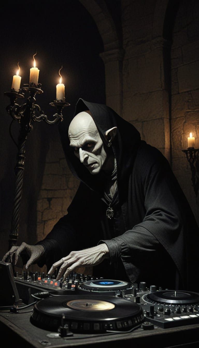 Gothic DJ in Dark, Mystical Horror Scene